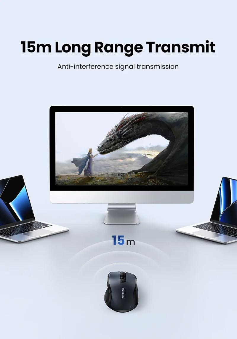 UGREEN Ergonomic Mouse, 6-Button Wireless 2.4G Bluetooth Dual Mode, 5-Level 4000 DPI Adjustable , Silent Click for PC Laptop