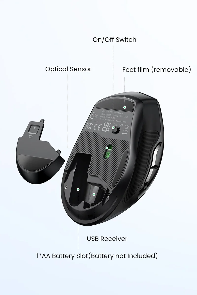 UGREEN Ergonomic Mouse, 6-Button Wireless 2.4G Bluetooth Dual Mode, 5-Level 4000 DPI Adjustable , Silent Click for PC Laptop