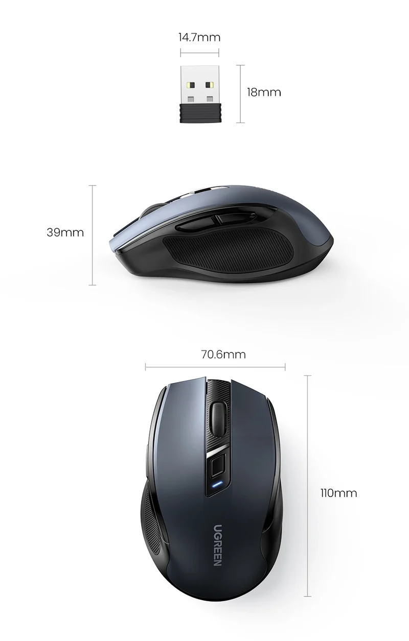 UGREEN Ergonomic Mouse, 6-Button Wireless 2.4G Bluetooth Dual Mode, 5-Level 4000 DPI Adjustable , Silent Click for PC Laptop