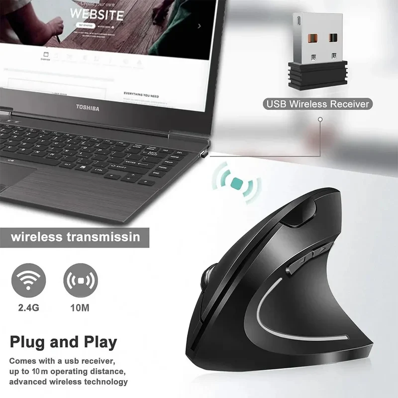 HOMEFISH Vertical Mouse Ergonomic 2.4GHz Wireless Optical Mice 3 Adjustable DPI 800/1200/1600 6 Buttons for Laptop PC Computer