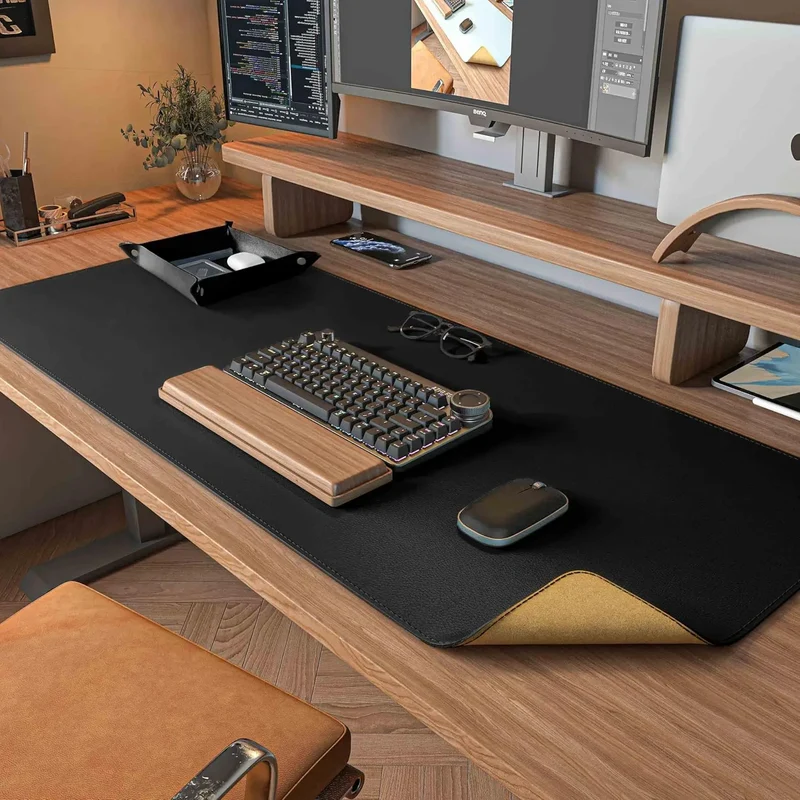 Dual Sided Desk Mat,Leather Desk Pad,Black Cork Desk Mat Protector,Large Mouse Pad,Desk Writing Pad for Office and Home