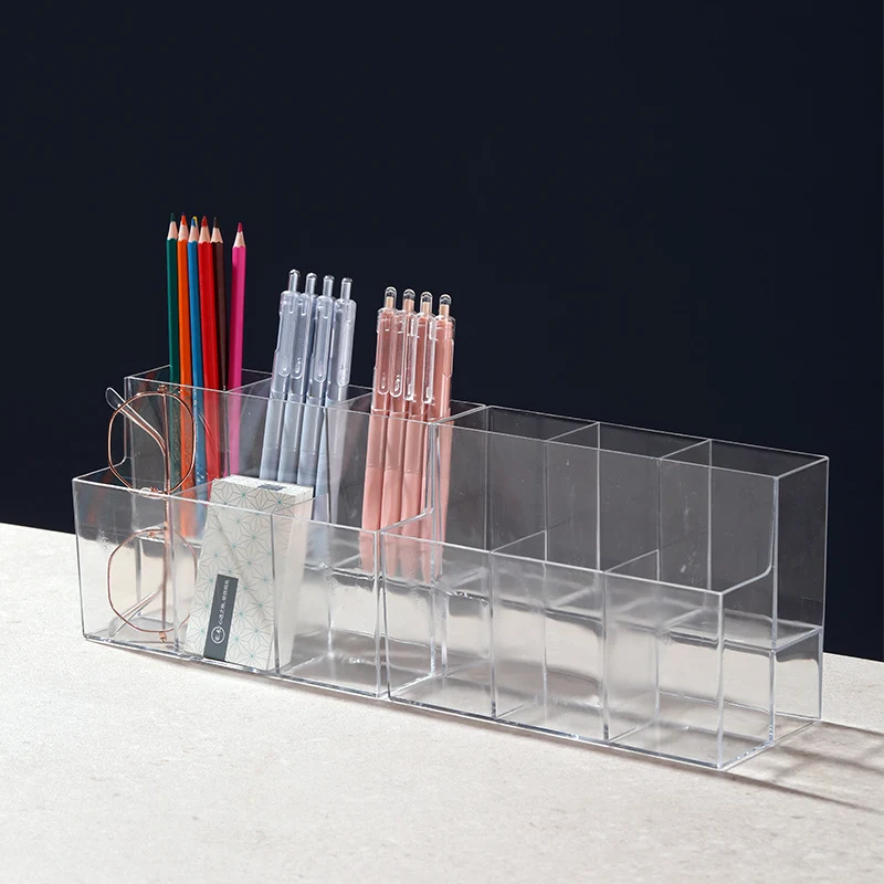 Pen Holder Desktop Stationery Storage Box Transparent Acrylic Multifunctional Student Pen Holder Office Note Pad Organizer Box