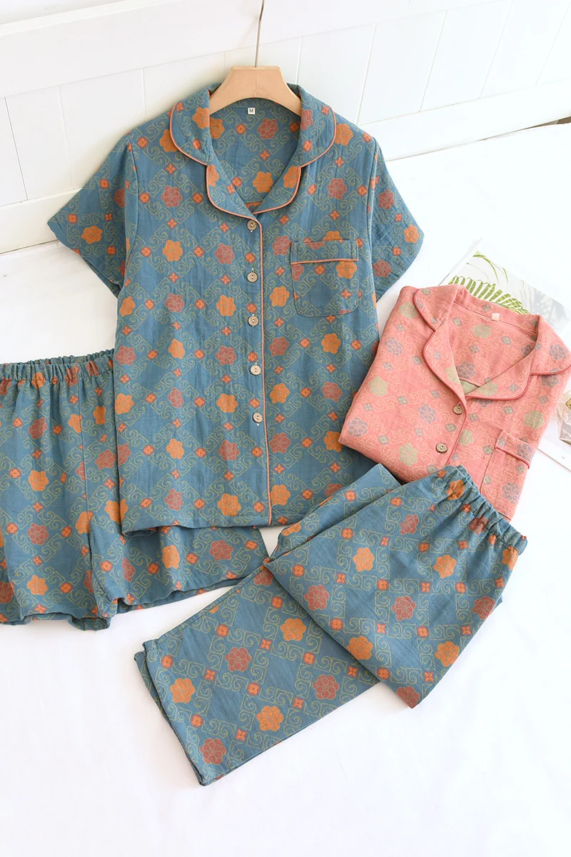 Yarn-dyed cotton pajamas women's summer short-sleeved printed summer retro loose home wear three-piece set can be worn outside