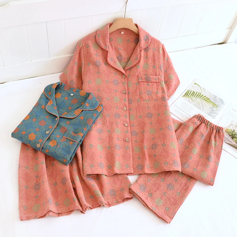 Yarn-dyed cotton pajamas women's summer short-sleeved printed summer retro loose home wear three-piece set can be worn outside