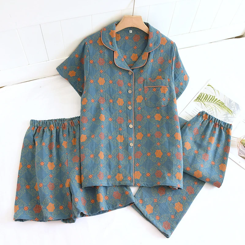 Yarn-dyed cotton pajamas women's summer short-sleeved printed summer retro loose home wear three-piece set can be worn outside