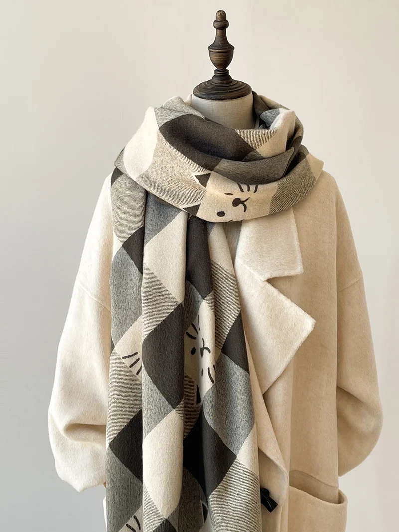 Niche Designer Cartoon Cat Cute Cashmere Scarf Women's Autumn and Winter Warm Thickened Neck Shawl New