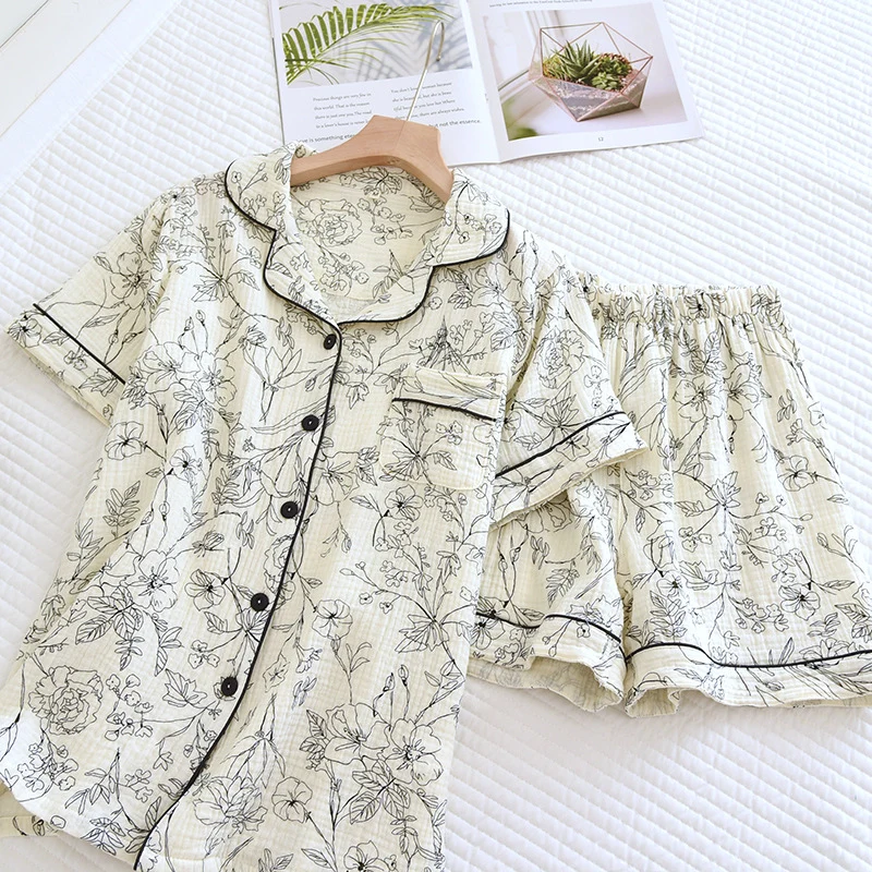 New pajamas women's summer cool pure cotton crepe vest suit outdoor home wear summer wholesale