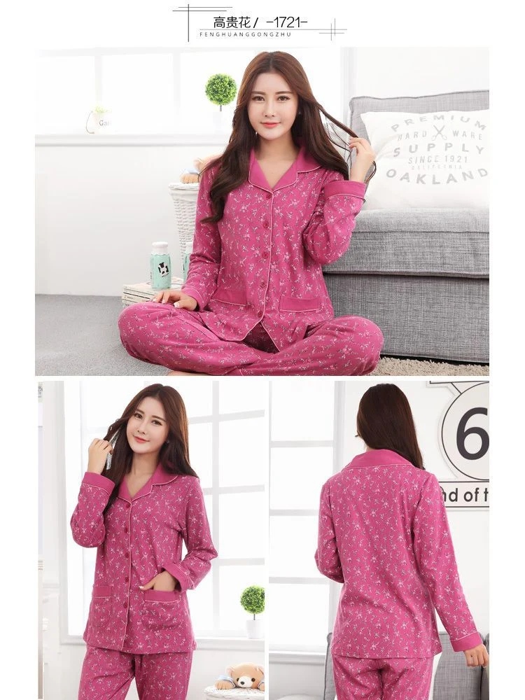 Autumn and Winter Women's 100 Pure Cotton Pajamas Women's Loose Cardigan for Middle-aged and Elderly Mothers Spring and Autumn Long-sleeved Casual Home Clothes