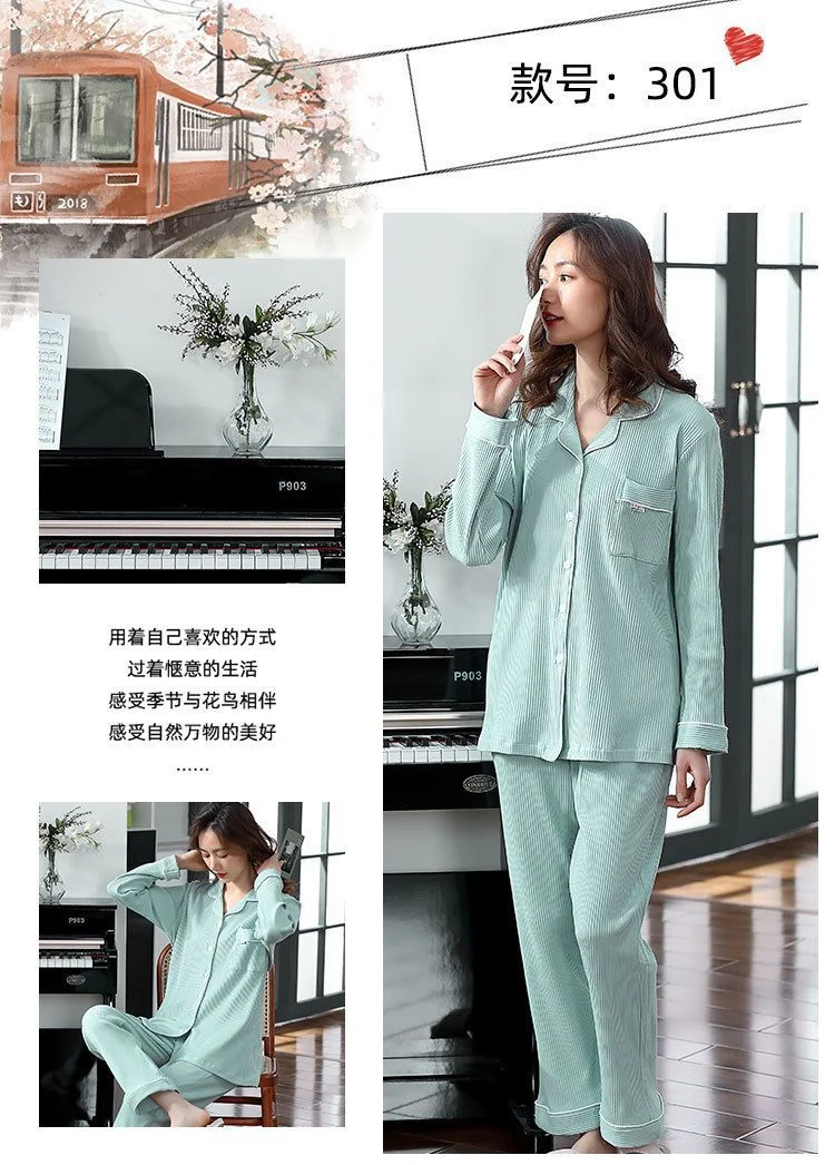 Autumn and Winter Women's 100 Pure Cotton Pajamas Women's Loose Cardigan for Middle-aged and Elderly Mothers Spring and Autumn Long-sleeved Casual Home Clothes
