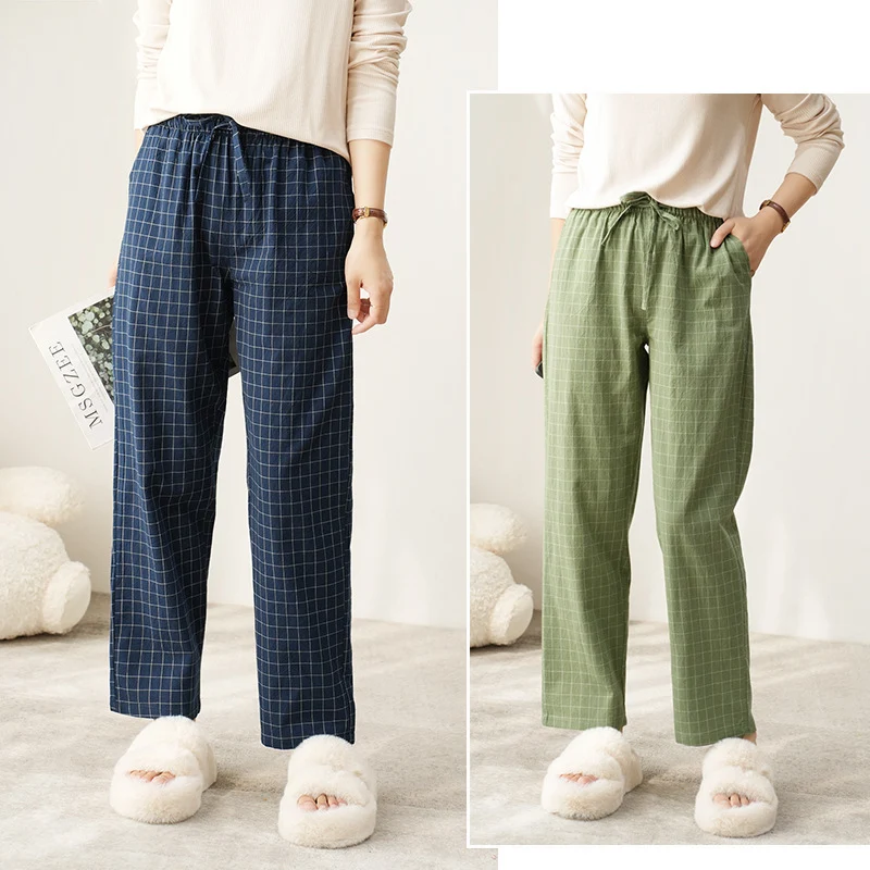 Couple Style Washed Home Pants for Men and Women, Pure Cotton Plaid Pajama Pants, Living Pants, Spring and Autumn Style, Japanese Warehouse Available for Wholesale