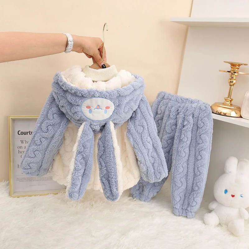 Girls' Home Clothes 2025 Autumn and Winter Baby Girl Coral Velvet Cute Hooded Super Soft Double-Sided Velvet Pajamas Two-Piece Set