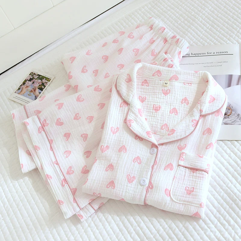 Various Style Spring and Summer Cotton Crepe Pajamas Sweet Three-Piece Short-Sleeved Trousers Spring and Autumn Loose Casual suit