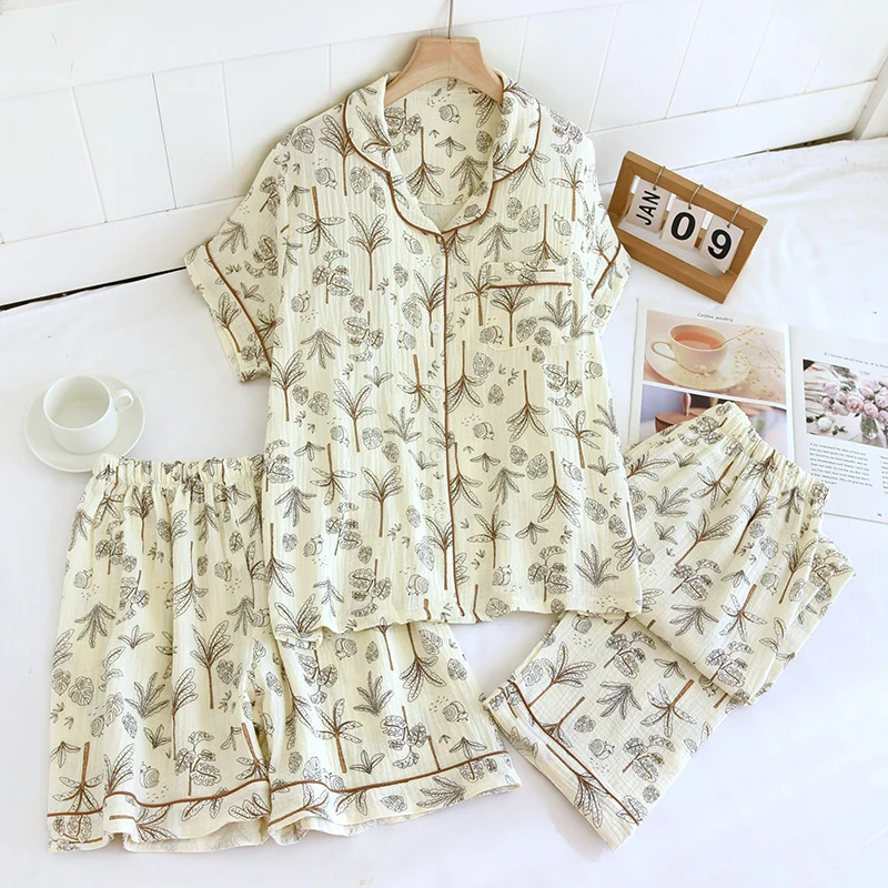 Various Style Spring and Summer Cotton Crepe Pajamas Sweet Three-Piece Short-Sleeved Trousers Spring and Autumn Loose Casual suit