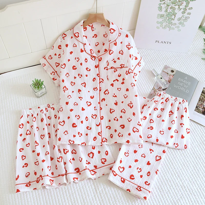 Various Style Spring and Summer Cotton Crepe Pajamas Sweet Three-Piece Short-Sleeved Trousers Spring and Autumn Loose Casual suit
