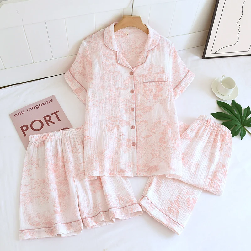 Various Style Spring and Summer Cotton Crepe Pajamas Sweet Three-Piece Short-Sleeved Trousers Spring and Autumn Loose Casual suit