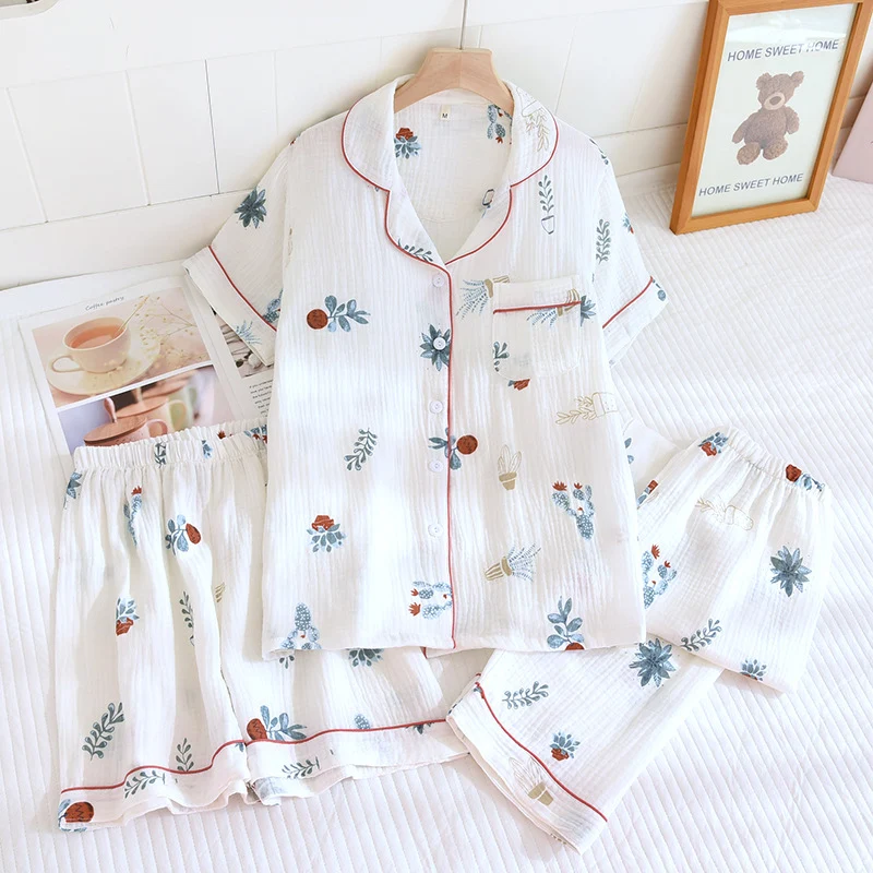 Various Style Spring and Summer Cotton Crepe Pajamas Sweet Three-Piece Short-Sleeved Trousers Spring and Autumn Loose Casual suit
