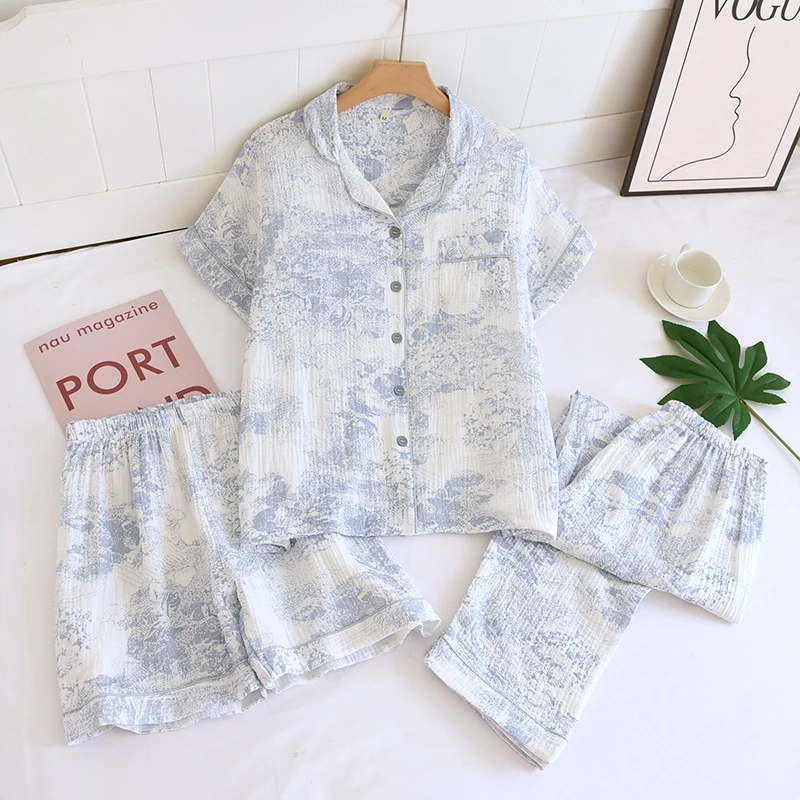 Various Style Spring and Summer Cotton Crepe Pajamas Sweet Three-Piece Short-Sleeved Trousers Spring and Autumn Loose Casual suit