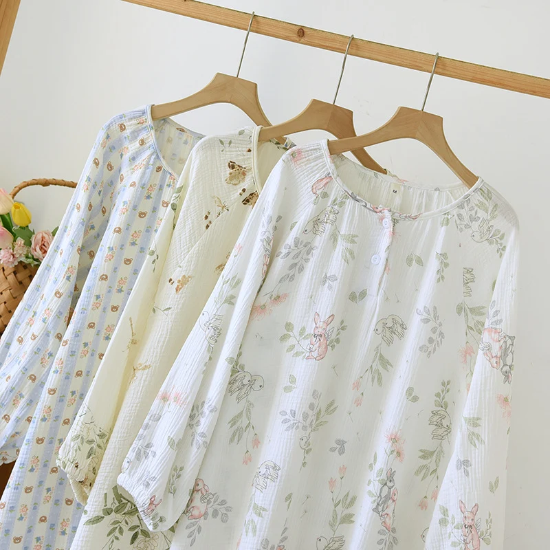Crewneck Nightdress Women's Pajamas Spring and Autumn Cotton Long-sleeved dress Spring and Summer suit Cartoon Home Clothes for Women