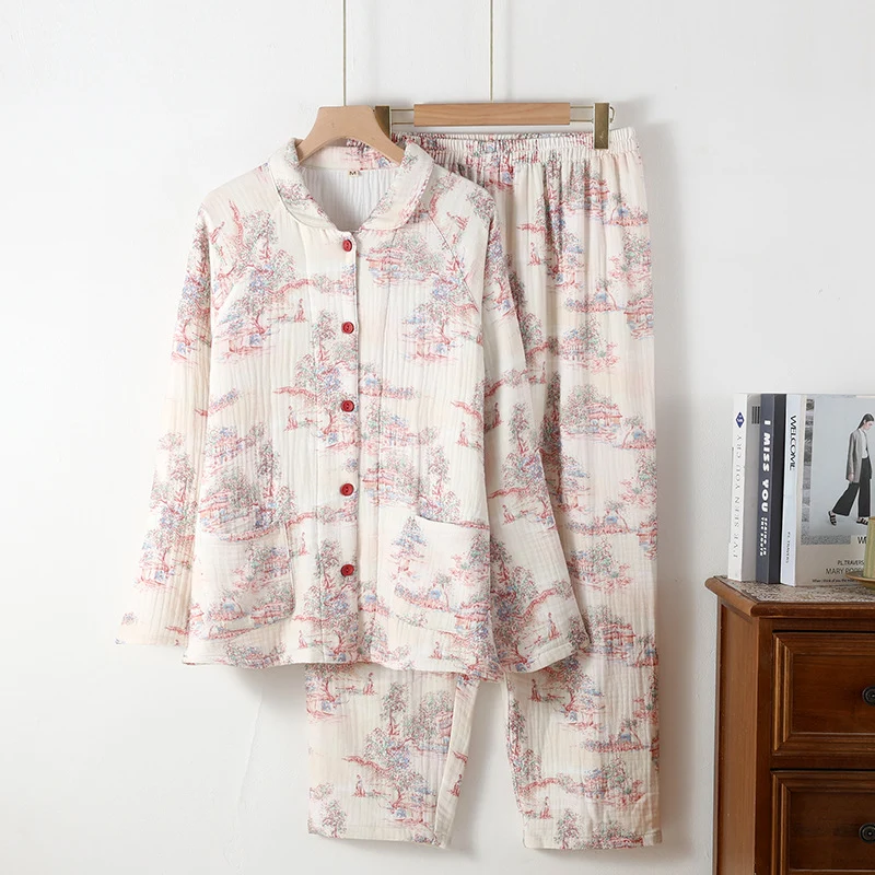 New Cotton Thickened Edge Four-Layer Gauze Women's Pajamas Cotton Warm Long-Sleeved Home Clothes for Autumn and Winter suit