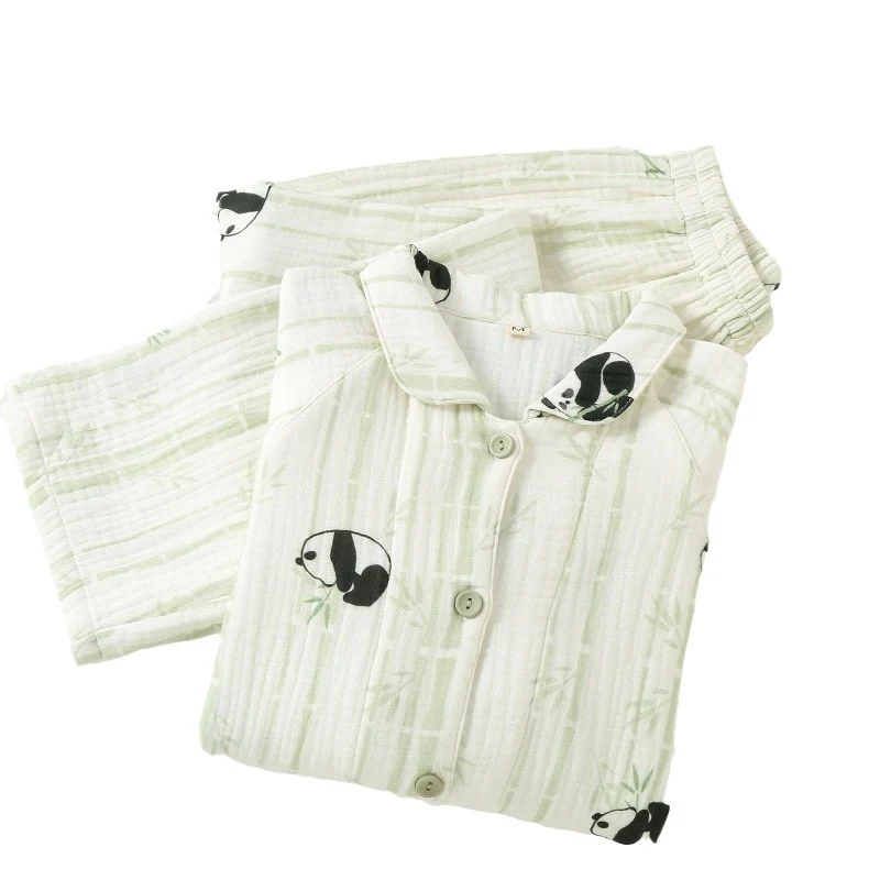 New Cotton Thickened Edge Four-Layer Gauze Women's Pajamas Cotton Warm Long-Sleeved Home Clothes for Autumn and Winter suit