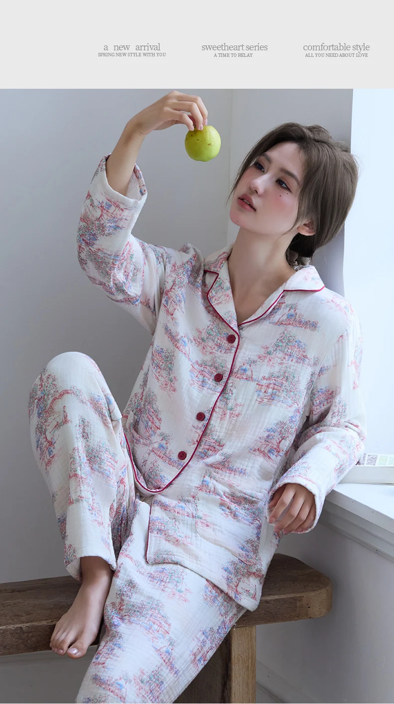 New Cotton Thickened Edge Four-Layer Gauze Women's Pajamas Cotton Warm Long-Sleeved Home Clothes for Autumn and Winter suit