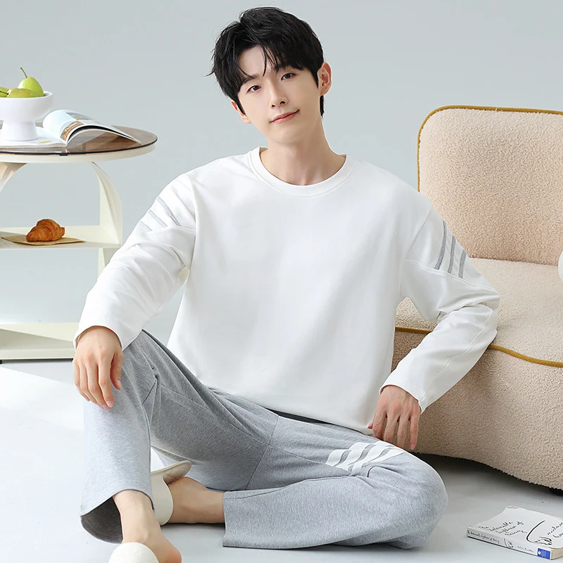 Plus Size 5XL 100% Cotton Men's Long-Sleeved Pajamas Spring & Fall Long-Sleeved 105kg Can Be Worn Outside Home Clothes Set