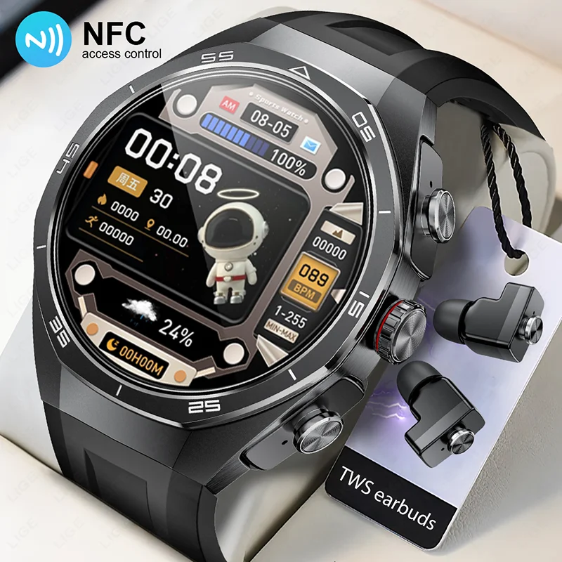 LIGE 2 In 1 Smart Watch With Earbuds NFC Smartwatch TWS Bluetooth Earphone Heart Rate Blood Pressure Monitor Sport Fitness Watch