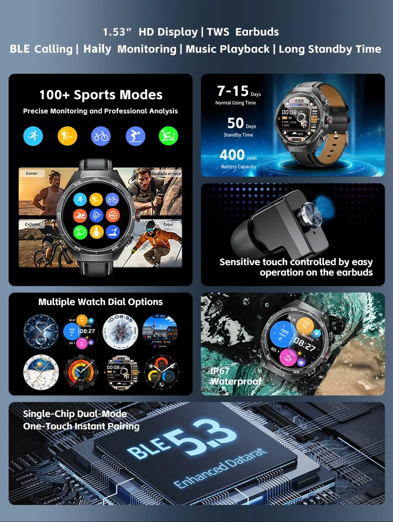 LIGE 2 In 1 Smart Watch With Earbuds NFC Smartwatch TWS Bluetooth Earphone Heart Rate Blood Pressure Monitor Sport Fitness Watch