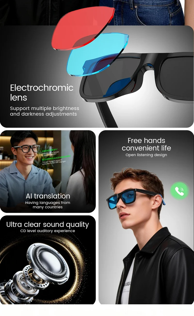 2026 AI Smart Glasses Touch Color-change Electrochromic Lens AI Translation ChatGPT BT Call Dual-mic Music Audio Sunglasses Men