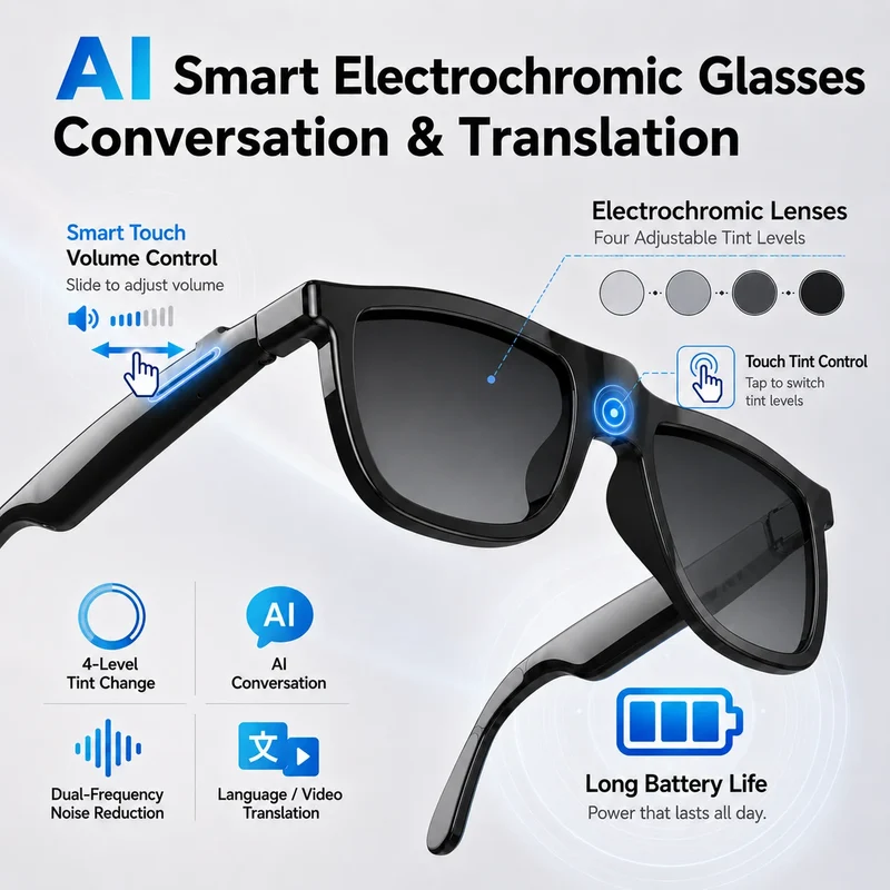 2026 AI Smart Glasses Touch Color-change Electrochromic Lens AI Translation ChatGPT BT Call Dual-mic Music Audio Sunglasses Men