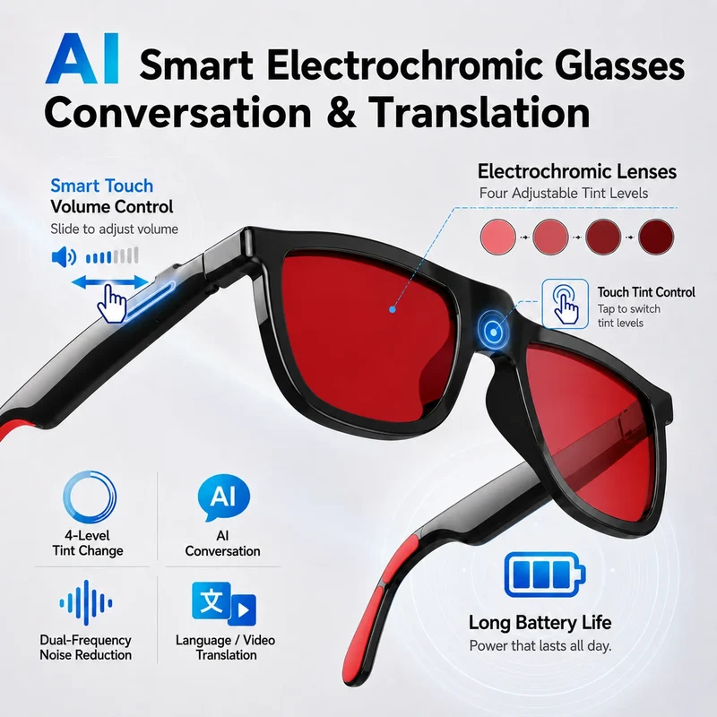 2026 AI Smart Glasses Touch Color-change Electrochromic Lens AI Translation ChatGPT BT Call Dual-mic Music Audio Sunglasses Men