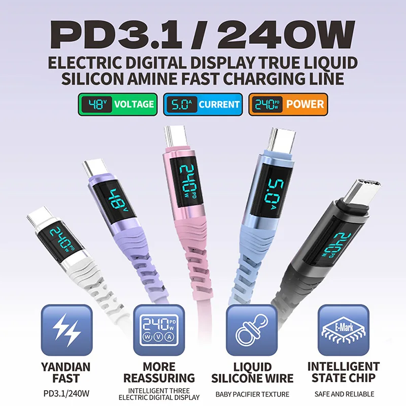 240W USB C Cable with Digital Display PD3.1 Fast Charging Cord for iPhone 17/1615 Pro Max Huawei Xiaomi iPad Laptop