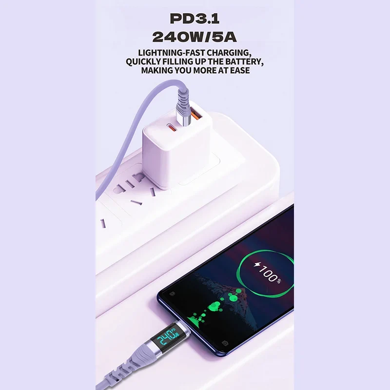 240W USB C Cable with Digital Display PD3.1 Fast Charging Cord for iPhone 17/1615 Pro Max Huawei Xiaomi iPad Laptop