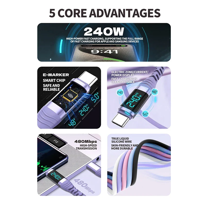 240W USB C Cable with Digital Display PD3.1 Fast Charging Cord for iPhone 17/1615 Pro Max Huawei Xiaomi iPad Laptop
