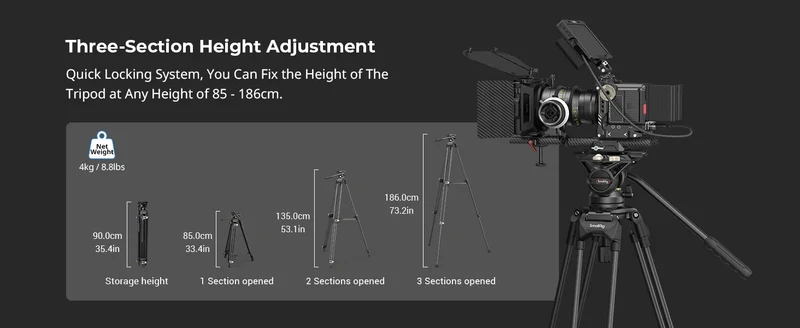 SmallRig Heavy-Duty 360° Fluid Head Tripod AD-01 186cm Video Tripod with Quick Release Plate for DSLR Camera Camcorder