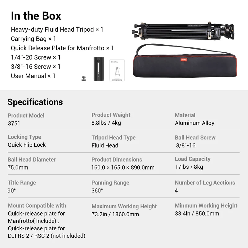 SmallRig Heavy-Duty 360° Fluid Head Tripod AD-01 186cm Video Tripod with Quick Release Plate for DSLR Camera Camcorder