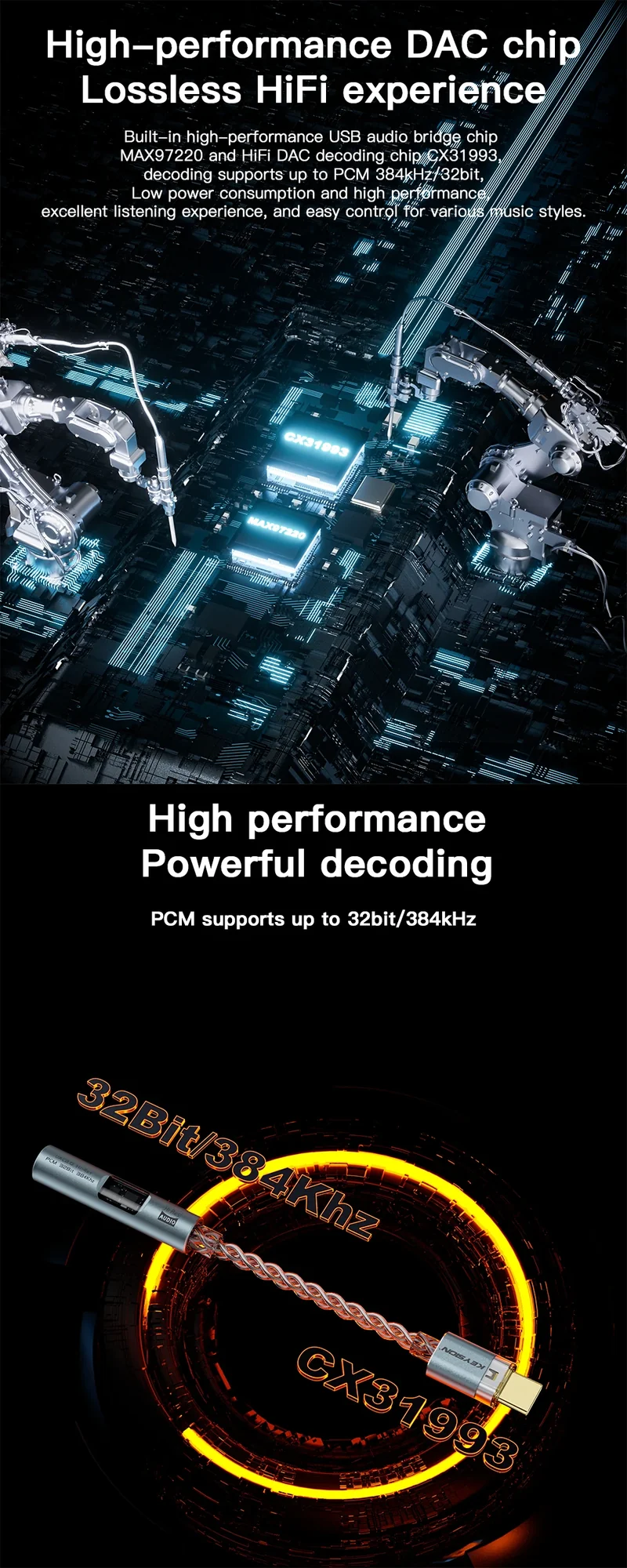 KEYSION Digital Audio Amplifier CX31993 MAX97220 Dual Chip USB C Type-C to 3.5mm DAC HiFi Audio Adapter AMP PCM 32bit 384KHz DAC