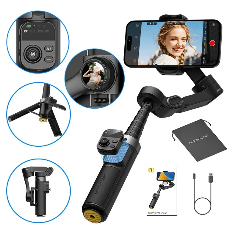 AOCHUAN Smart X3 3 Axis Anti-Shake Gimbal Stabilizer Built-in Telescopic Rod For iPhone And Android Smartphone Shooting Vlgo
