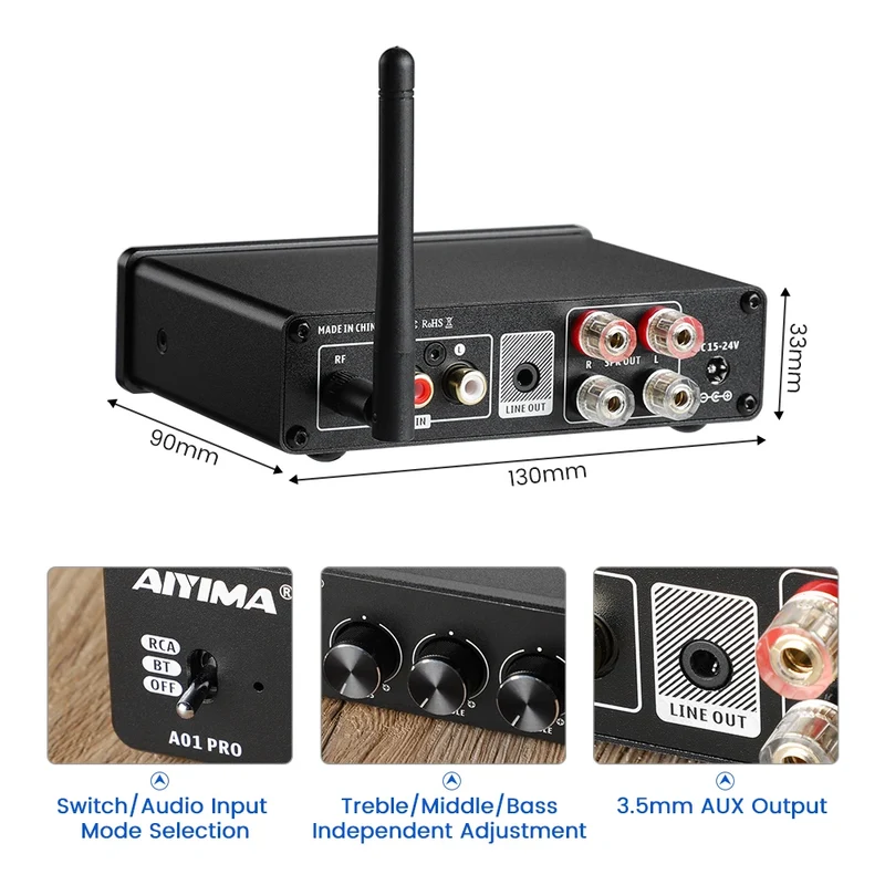 AIYIMA Audio A01 Pro TPA3116D2 Bluetooth Sound Power Amplifier 100W Mini Hifi Class D Stereo Amp Bass Treble for Home Theater