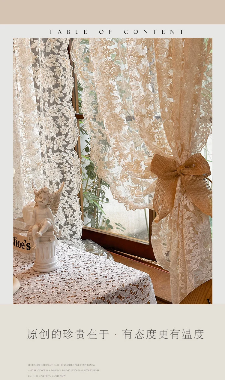 French-Style Retro Palace Lace Embroidery Cream Sheer Curtain for Bay Window, Light-Transmitting, No-Drill Partition Half Curtain Door Curtain