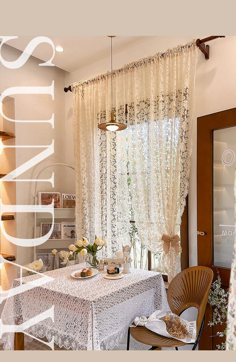 French-Style Retro Palace Lace Embroidery Cream Sheer Curtain for Bay Window, Light-Transmitting, No-Drill Partition Half Curtain Door Curtain