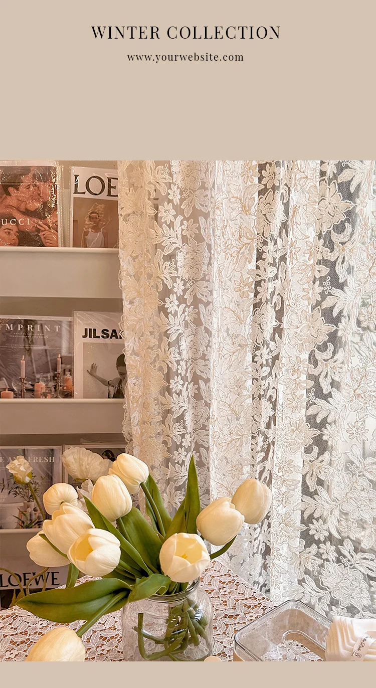 French-Style Retro Palace Lace Embroidery Cream Sheer Curtain for Bay Window, Light-Transmitting, No-Drill Partition Half Curtain Door Curtain