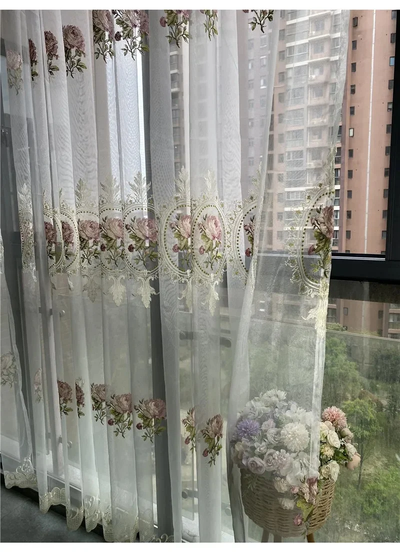 American Luxury Peony Embroidery Tulle Curtains for Living Room European Elegant Flower Embroidered Sheer Voile Bedroom Window
