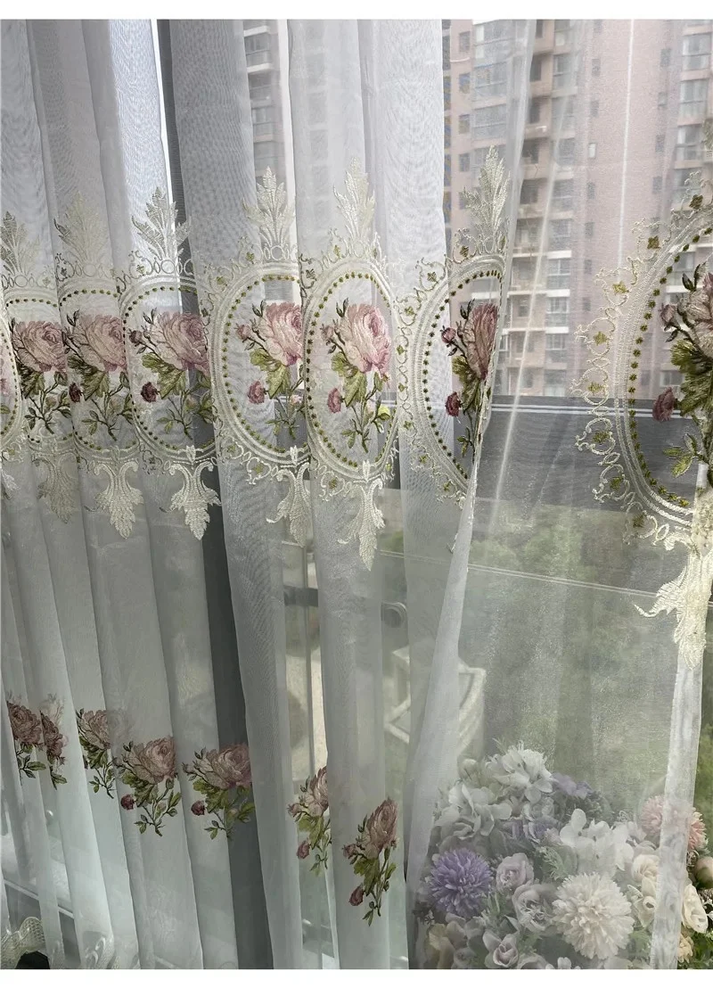 American Luxury Peony Embroidery Tulle Curtains for Living Room European Elegant Flower Embroidered Sheer Voile Bedroom Window