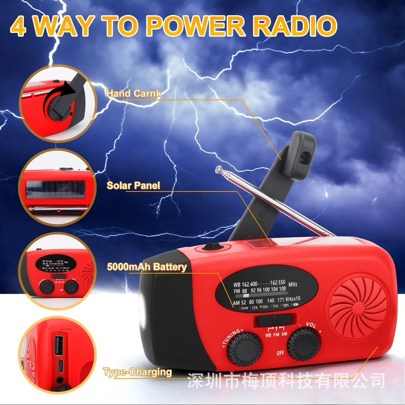 5000Mah Amazon Portable Emergency Radio Multi-Functional Solar-Powered Hand-Cranked Multi-Band Radio