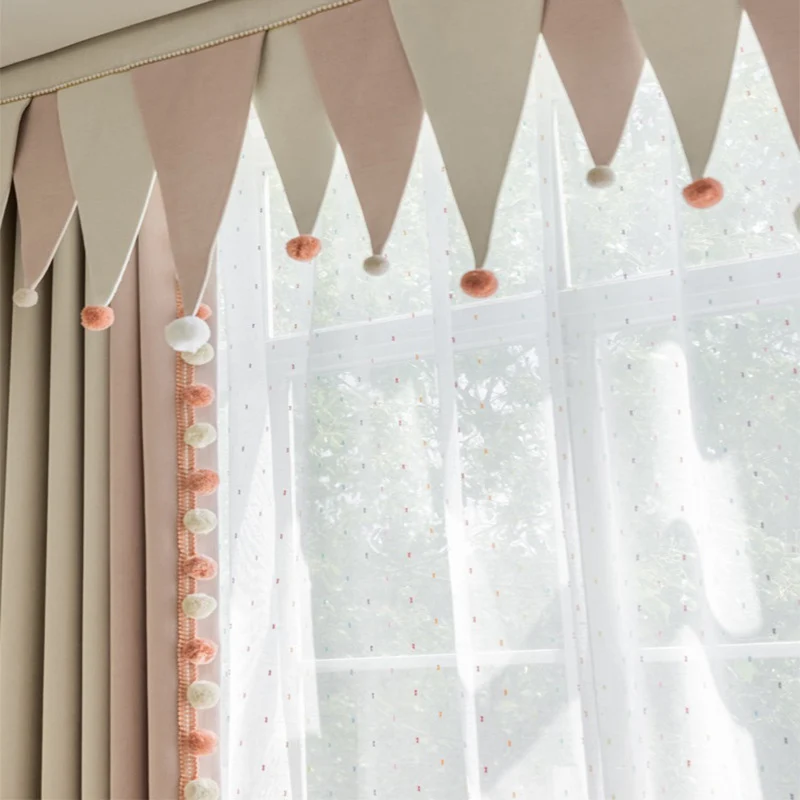 Cream-Colored Chenille Blackout Curtains for Children's Room, Sleeping Beauty Style, with Pom-Pom Design, Custom-Made Finished Product