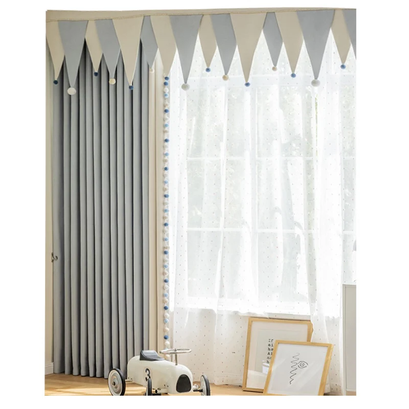 Cream-Colored Chenille Blackout Curtains for Children's Room, Sleeping Beauty Style, with Pom-Pom Design, Custom-Made Finished Product