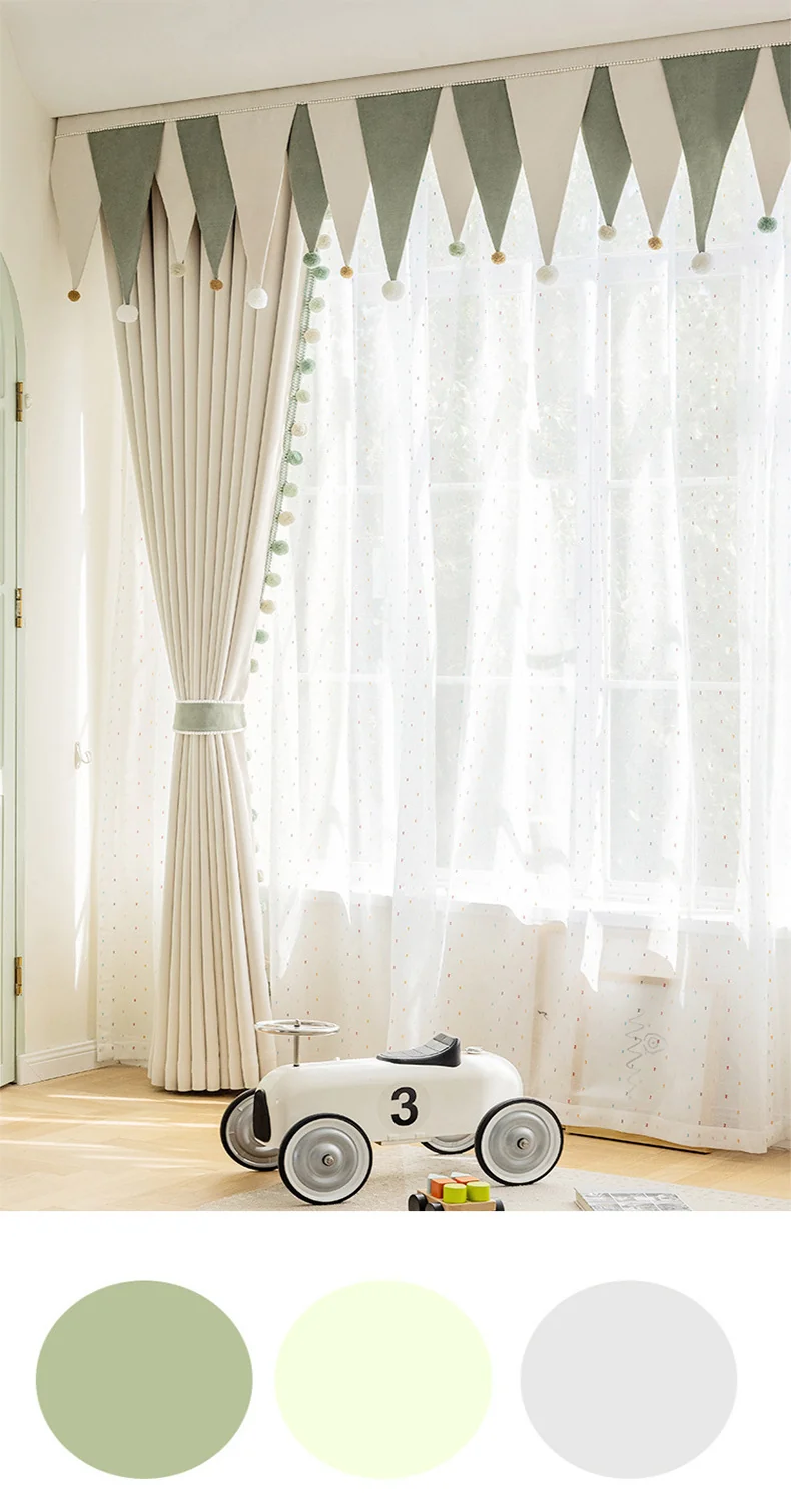 Cream-Colored Chenille Blackout Curtains for Children's Room, Sleeping Beauty Style, with Pom-Pom Design, Custom-Made Finished Product