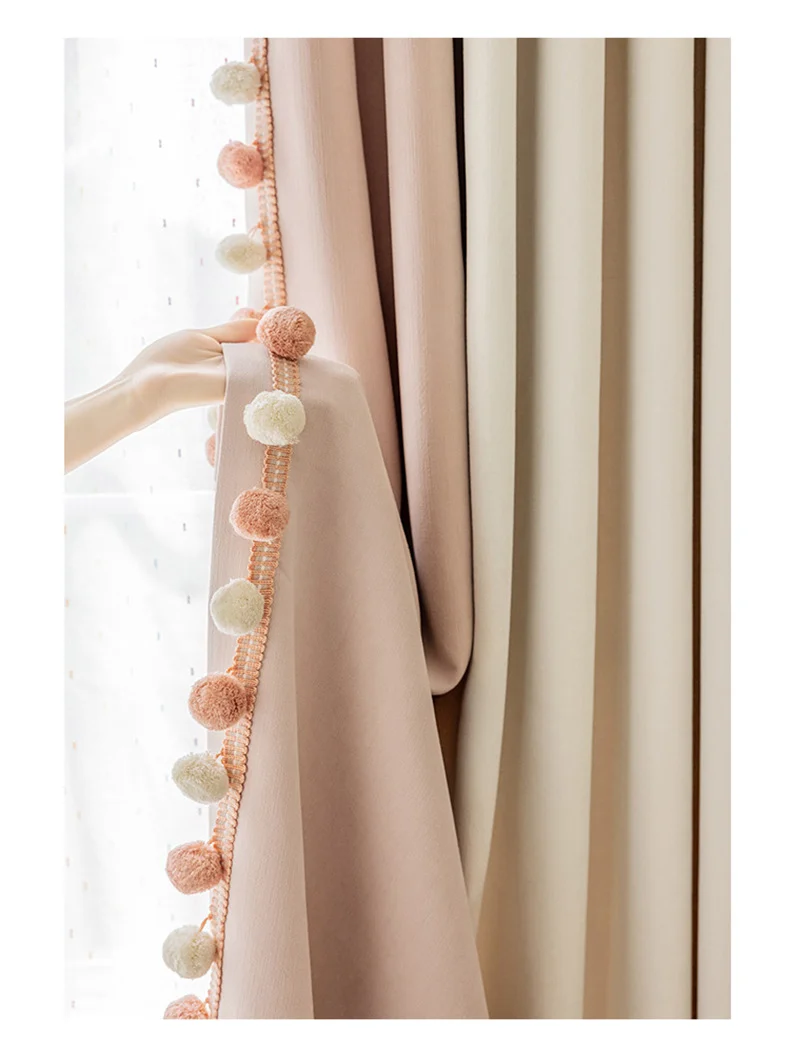 Cream-Colored Chenille Blackout Curtains for Children's Room, Sleeping Beauty Style, with Pom-Pom Design, Custom-Made Finished Product