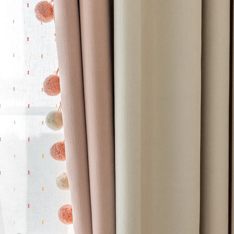 Cream-Colored Chenille Blackout Curtains for Children's Room, Sleeping Beauty Style, with Pom-Pom Design, Custom-Made Finished Product